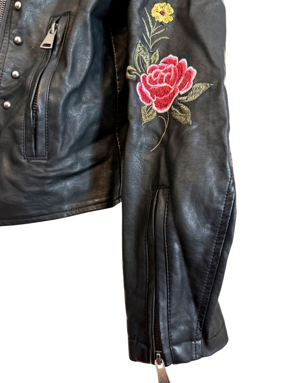 Hippie Laundry Large Black Faux Leather Moto Jacket Floral Embroidered Boho Edgy - Picture 13 of 15
